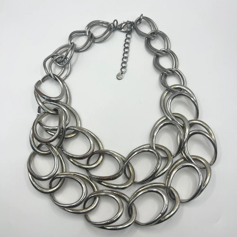 Heavy Chunky Silver Tone Statement Necklace Signed N Oversized Links 222g